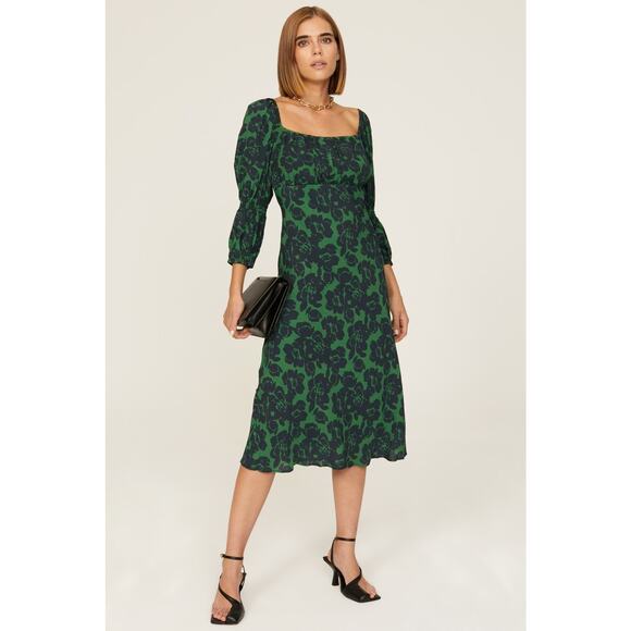 Peter Som Green Floral Print Crepe Long Sleeve Square Neck Midi Dress Size 6 - Picture 1 of 16